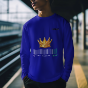Unique Crown T-Shirt in navy blue, size XL, featuring a bold golden crown and barcode design with the tagline 'Be the Unique One' by PodLyft, a perfect statement of style and confidence.