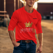 Unique Crown T-Shirt in red, size M, adorned with a golden crown and barcode design with the tagline 'Be the Unique One' by PodLyft, ideal for showcasing confidence and modern style.