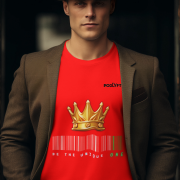 Unique Crown T-Shirt in red, size S, featuring a golden crown and barcode design with the tagline 'Be the Unique One' by PodLyft, perfect for making a bold statement of individuality.
