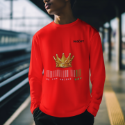 Unique Crown T-Shirt in red, size XL, featuring a bold golden crown and barcode design with the tagline 'Be the Unique One' by PodLyft, designed to exude individuality and confidence.