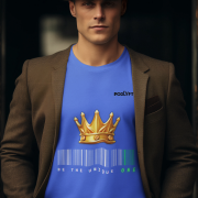 Unique Crown T-Shirt in royal blue, size S, showcasing a golden crown and barcode design with the tagline 'Be the Unique One' by PodLyft, perfect for bold and confident individuals.