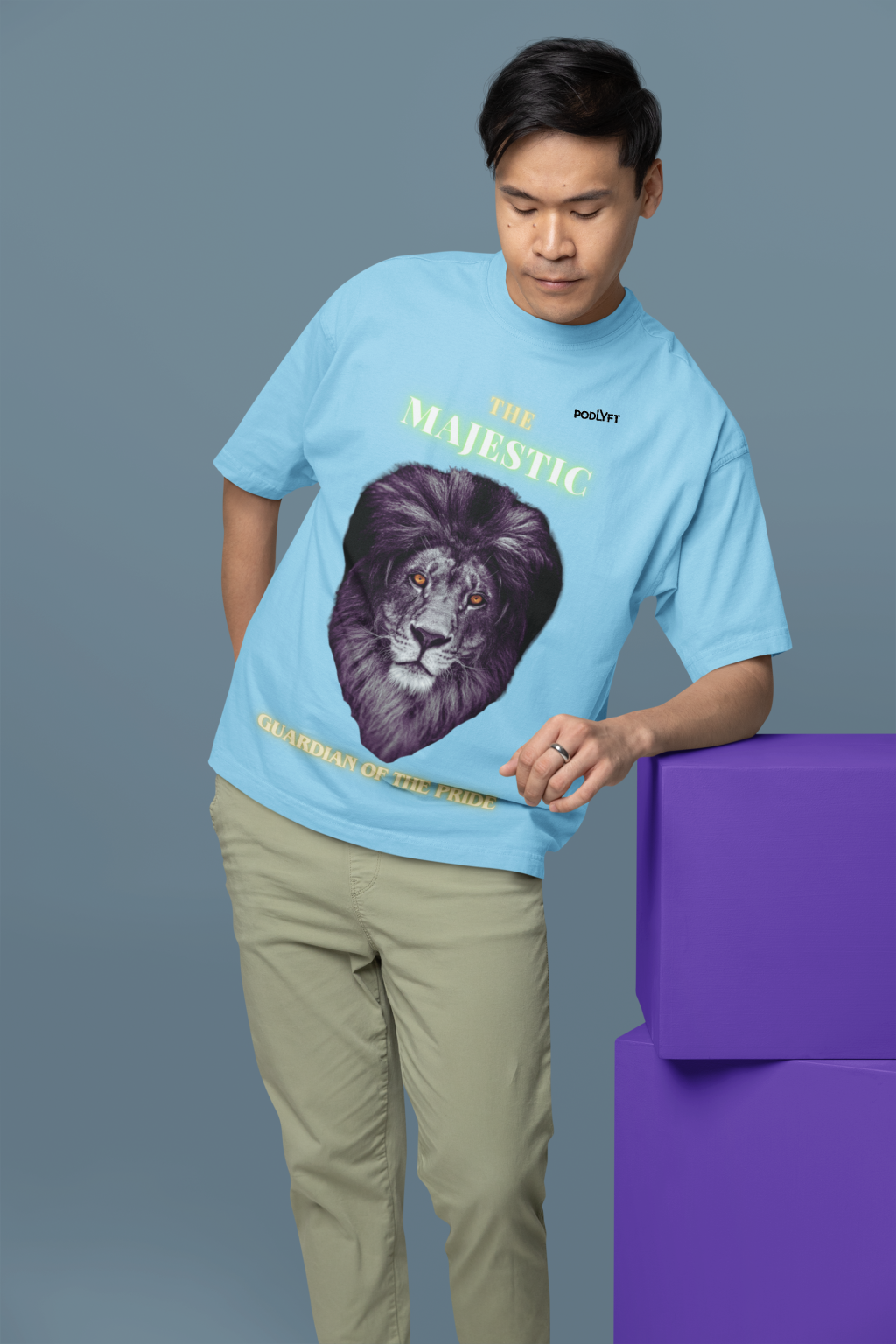 Majestic Lion Head T-Shirt in Baby Blue, size S from PodLyft.