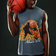 Charcoal Melange sleeveless sports tee showcasing an intense basketball-themed fire design. Designed for those who bring passion and energy to the court and workouts.
