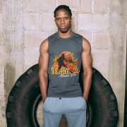 Men’s Charcoal Melange sleeveless tee with a dynamic basketball player silhouette and flames. Ideal for athletes, gym-goers, and those who embrace the "Beast Mode" mentality.