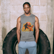 Men's grey sleeveless tee with a striking basketball player silhouette and flaming graphics. Designed for gym-goers, basketball players, and those who push their limits.