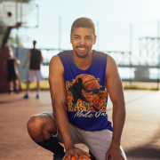 Navy Blue sleeveless tee featuring a bold "Beast Mode On" basketball design with fiery elements. Perfect for athletes, gym workouts, and basketball lovers.