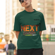 Bottle green 'Bold Next Generation Leader' tee in large size, featuring a strong and empowering leadership message. A bold and comfortable statement piece from PodLyft.