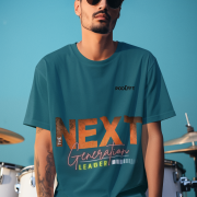 A stylish young man wearing the Bold Next Generation Leader tee by PodLyft in petrol blue. The oversized t-shirt features a powerful leadership statement with 'NEXT' in textured orange, 'Generation' in elegant script, and 'LEADER' highlighted in a neon glow. The trendy design is complemented by a subtle abstract background, making it a bold fashion statement for visionaries and changemakers. The model, sporting sunglasses and a confident look, enhances the modern and empowering vibe of the tee.