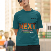 Petrol blue 'Bold Next Generation Leader' tee in large size, featuring a strong and empowering leadership message. A bold and comfortable statement piece from PodLyft.