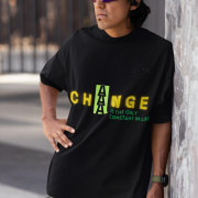 Double Extra Large 'Change is Constant' Tee in Black – A motivational oversized t-shirt crafted from 100% super-combed cotton (240 GSM). Featuring a vibrant yellow-green design, DTG printed for long-lasting quality.