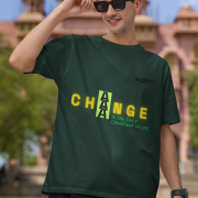 Large Bottle Green 'Change is Constant' Tee – A motivational oversized t-shirt with a vibrant yellow-green design. Made from 240 GSM 100% super-combed cotton, pre-shrunk and bio-washed for maximum comfort.