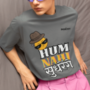 Grey 'Hum Nahi Sudhrenge' tee in large size, bringing a cool and quirky vibe. A fun and comfortable casual wear choice from PodLyft.