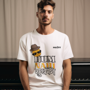 A stylish young man wearing a white 'Hum Nahi Sudhrenge tee by PodLyft, featuring a cool and quirky design with bold typography and a fun emoji wearing sunglasses and a hat. The casual tee exudes a trendy and confident vibe, perfect for those who love expressive fashion.