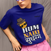 Navy blue 'Hum Nahi Sudhrenge' tee in large size, bringing a cool and quirky vibe. A fun and comfortable casual wear choice from PodLyft