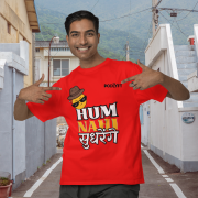 Red 'Hum Nahi Sudhrenge' tee in extra small size, featuring a cool and quirky vibe. Bold, stylish, and comfortable casual wear from PodLyft."