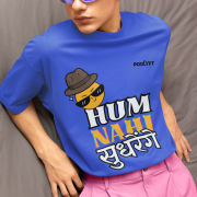 Royal Blue Large t-shirt with a funny emoji graphic and bold multi-colored text. Playful, sarcastic, and perfect for those who love desi humor and swag!