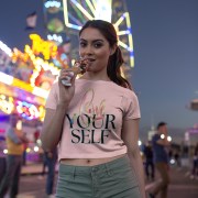 Elegant baby pink crop top with a unique "Love Yourself" typography design in vibrant shades of pink, green, and neon blue. Perfect for self-expression and casual fashion.