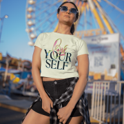 Soft and breathable beige crop top with an eye-catching "Love Yourself" design, blending fluid brushstroke art with bold, empowering neon text. Ideal for casual styling.