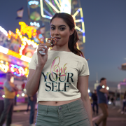 Elegant beige crop top featuring a beautifully crafted "Love Yourself" typography design in soft pastel hues and glowing neon text. A perfect self-love statement piece.