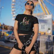 Trendy black crop top featuring a unique "Love Yourself" print in vibrant pink, green, and neon blue typography. Designed for style and self-expression.
