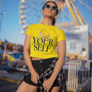 Stylish golden yellow crop top with a unique "Love Yourself" print in shades of pink, green, and neon blue. Designed for comfort, fashion, and self-expression.