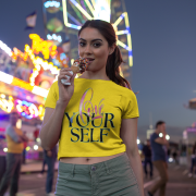 Trendy golden yellow crop top with a bold "Love Yourself" design, featuring a hand-painted brushstroke effect and modern neon text. Perfect for a chic and confident look.