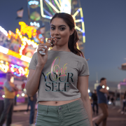 Trendy grey crop top with a bold "Love Yourself" design, featuring hand-painted brushstroke effects and modern neon text. A must-have for self-expression and fashion lovers.