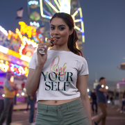 Trendy lavender crop top with an empowering "Love Yourself" slogan, blending soft pastel brushstrokes with bold, modern typography. Ideal for everyday fashion and self-expression.
