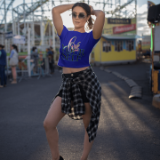 Chic navy blue crop top featuring the "Love Yourself" design with vibrant brushstroke lettering and a glowing neon effect. A stylish and empowering fashion statement.