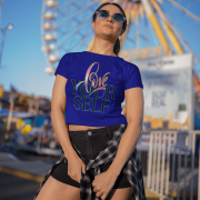 Stylish navy blue crop top featuring the empowering "Love Yourself" design with unique brushstroke textures and glowing typography. A must-have for self-love advocates.