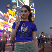 Fashionable navy blue crop top showcasing a motivational "Love Yourself" design, blending soft pastel brushstrokes with bold typography. Ideal for casual wear with a statement.