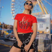 Trendy red crop top featuring a unique "Love Yourself" print in vibrant pink, green, and neon blue typography. Designed for style and self-expression.