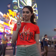 Elegant red crop top with a bold "Love Yourself" design in hand-painted brush strokes and modern neon text. Fashionable and comfortable fit.