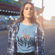 Comfortable sky blue cotton crop top featuring an inspiring "Love Yourself" design, blending artistic brushstrokes and modern typography. Ideal for everyday fashion and motivation.