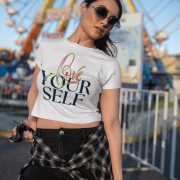 Fashionable white crop top featuring the empowering "Love Yourself" design with unique brushstroke textures and glowing typography. A must-have for self-love advocates.