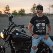 Extra-large black Thrill Rider tee, designed for fearless bikers and thrill-seekers. Featuring a bold motorcyclist graphic and powerful text, this tee embodies the excitement of conquering the road in style.
