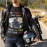 Double extra-large black Thrill Rider tee, perfect for motorcycle enthusiasts who live for adventure. With its detailed biker design and striking typography, this tee makes a powerful statement for road warriors.