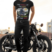 Black Thrill Rider tee in extra small size, featuring a bold graphic of a fearless biker riding through a scenic backdrop. A must-have for adventure lovers and motorcycle enthusiasts, designed for comfort and style by PodLyft.