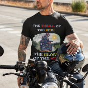Black Thrill Rider tee in large size, crafted for motorcycle enthusiasts who embrace freedom and adventure. The striking biker graphic and powerful typography capture the spirit of the open road.