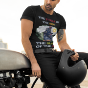 Medium-sized black Thrill Rider tee featuring a high-energy motorbike rider against a scenic outdoor backdrop. The bold typography and adventurous design make this an ideal tee for motorcycle lovers and thrill-seekers.