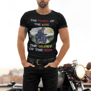 Black Thrill Rider tee in small size, designed for bikers and road warriors. Showcasing a dynamic motorcyclist graphic with an adventurous theme, this tee is perfect for those who live for the thrill of the ride.