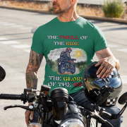 Bottle green Thrill Rider tee in large size, crafted for motorcycle enthusiasts who embrace freedom and adventure. The striking biker graphic and powerful typography capture the spirit of the open road.
