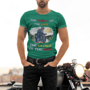 Bottle green Thrill Rider tee in small size, designed for bikers and road warriors. Showcasing a dynamic motorcyclist graphic with an adventurous theme, this tee is perfect for those who live for the thrill of the ride.