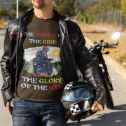 Extra-large coffee brown Thrill Rider tee, designed for fearless bikers and thrill-seekers. Featuring a bold motorcyclist graphic and powerful text, this tee embodies the excitement of conquering the road in style.