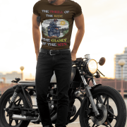 Coffee brown Thrill Rider tee in extra small size, featuring a bold graphic of a fearless biker riding through a scenic backdrop. A must-have for adventure lovers and motorcycle enthusiasts, designed for comfort and style by PodLyft.