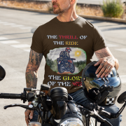 Coffee brown Thrill Rider tee in large size, crafted for motorcycle enthusiasts who embrace freedom and adventure. The striking biker graphic and powerful typography capture the spirit of the open road.