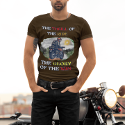 Coffee brown Thrill Rider tee in small size, designed for bikers and road warriors. Showcasing a dynamic motorcyclist graphic with an adventurous theme, this tee is perfect for those who live for the thrill of the ride.