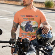 Coral Thrill Rider tee in large size, crafted for motorcycle enthusiasts who embrace freedom and adventure. The striking biker graphic and powerful typography capture the spirit of the open road.