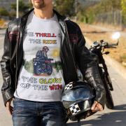 Extra-large lavender Thrill Rider tee, designed for fearless bikers and thrill-seekers. Featuring a bold motorcyclist graphic and powerful text, this tee embodies the excitement of conquering the road in style.