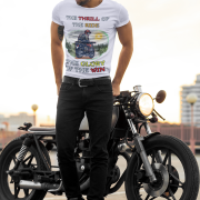 Lavender Thrill Rider tee in extra small size, featuring a bold graphic of a fearless biker riding through a scenic backdrop. A must-have for adventure lovers and motorcycle enthusiasts, designed for comfort and style by PodLyft.